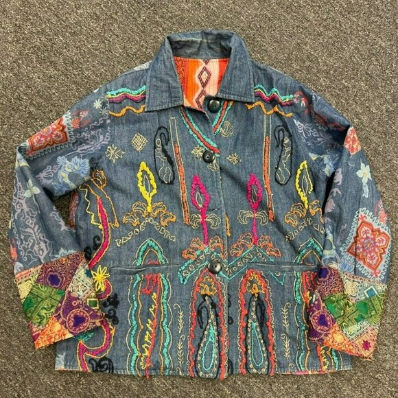 Flashback Art to Wear REVERSIBLE Colorful Floral Festival Jacket Boho Patchwork - Picture 6 of 16